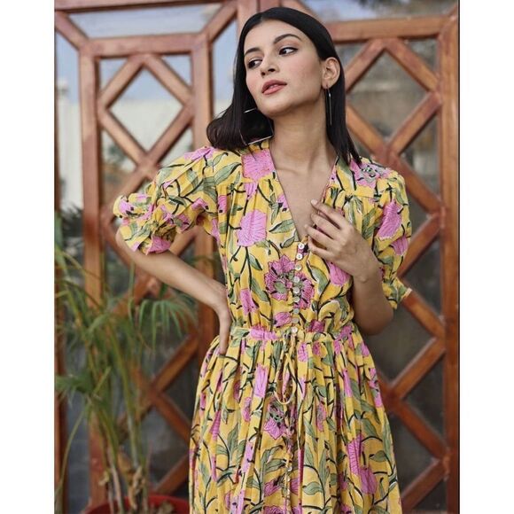 Fox & the Mermaid Venice floral block printed cotton midi dress Sz M/L NWT - Picture 4 of 11